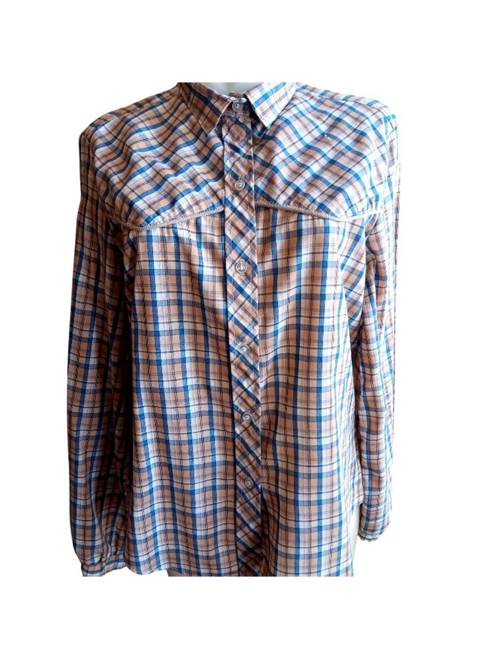 True Vintage Cowgirl Shirt Large 1980s Plaid Thin Button Down Top Blouse Indy